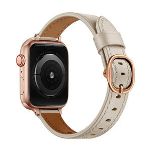 Bracelet en cuir pleine fleur beige clair avec boucle ovale métallique rose doré pour Apple Watch.