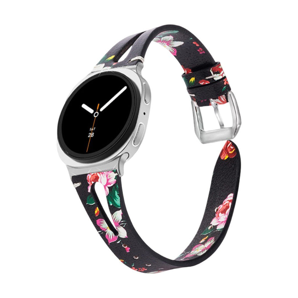 Bracelet en cuir noir souple avec imprimé floral rose et vert, boucle classique argentée, design élégant pour Galaxy Watch 8