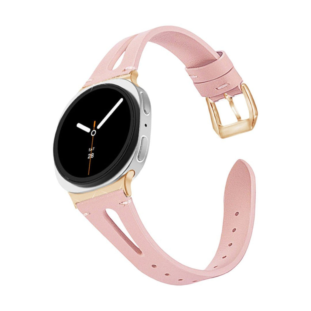 Bracelet rose pâle en cuir souple pour Galaxy Watch 8 et Ultra 47mm avec boucle dorée classique.
