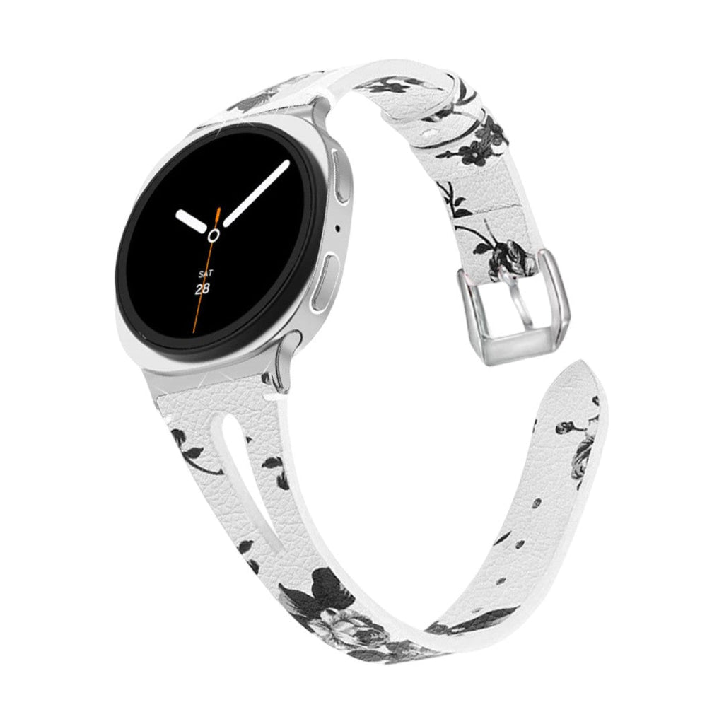 Bracelet en cuir blanc souple avec motifs floraux noirs pour Galaxy Watch 8 et Ultra 47mm, boucle classique argentée.