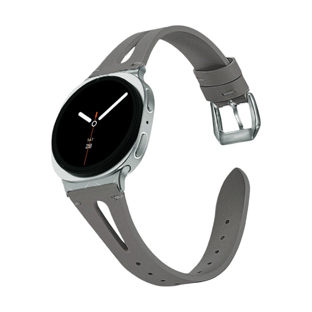 Bracelet en cuir souple gris pour Galaxy Watch 8 et Ultra 47mm, boucle classique argentée, design moderne et ergonomique.