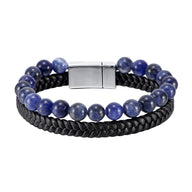 Bracelet double tour avec pierres bleues naturelles et cuir noir tressé, fermoir magnétique acier inoxydable.