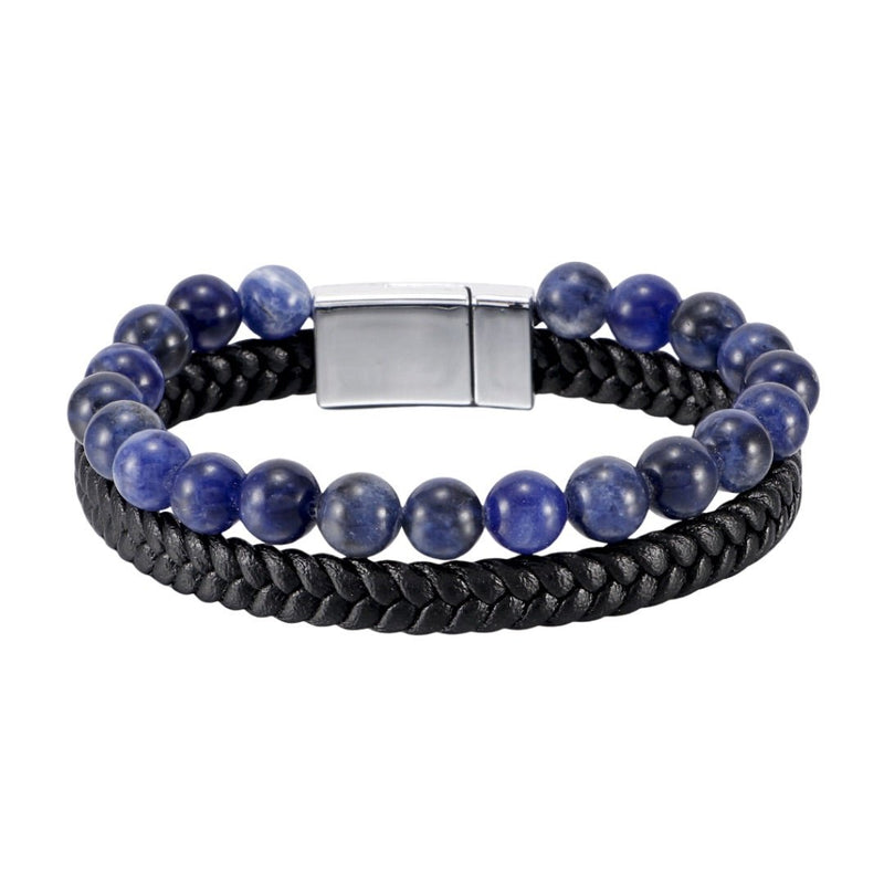 Bracelet double tour avec pierres bleues naturelles et cuir noir tressé, fermoir magnétique acier inoxydable.