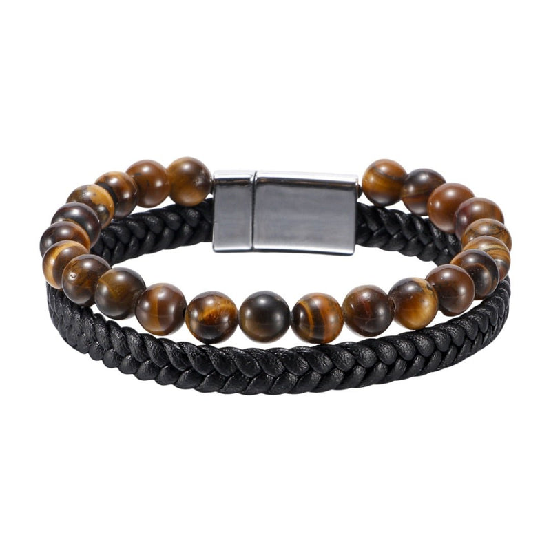 Bracelet homme en cuir noir tressé et perles naturelles marron, fermoir magnétique acier inoxydable.