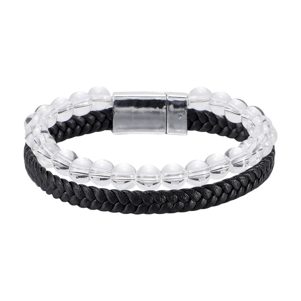Bracelet homme avec perles en pierres transparentes, cuir noir tressé, fermoir magnétique acier argenté.