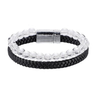 Bracelet homme avec perles en pierres transparentes, cuir noir tressé, fermoir magnétique acier argenté.
