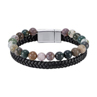 Bracelet homme double rang, cuir noir tressé, perles naturelles multicolores, fermoir magnétique acier inoxydable.