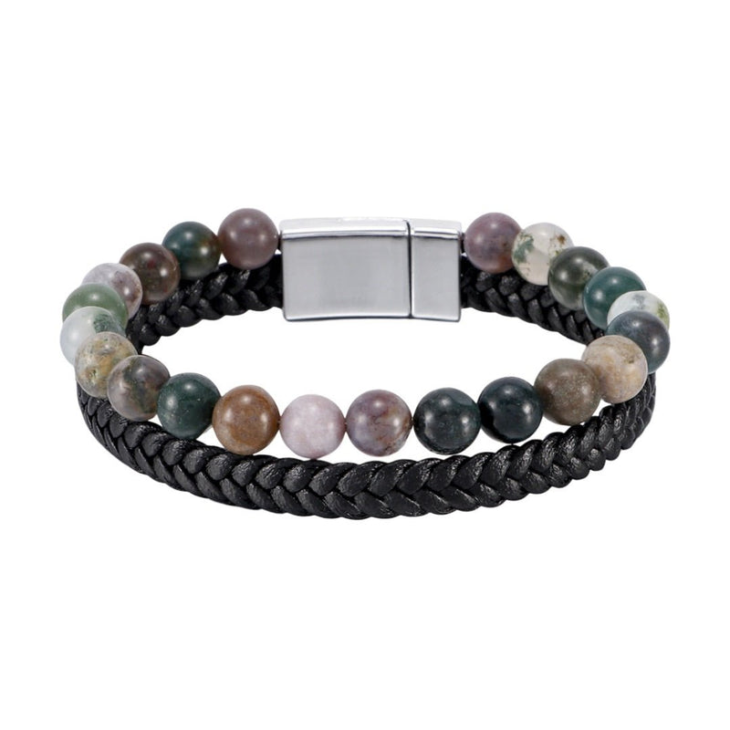 Bracelet homme double rang, cuir noir tressé, perles naturelles multicolores, fermoir magnétique acier inoxydable.