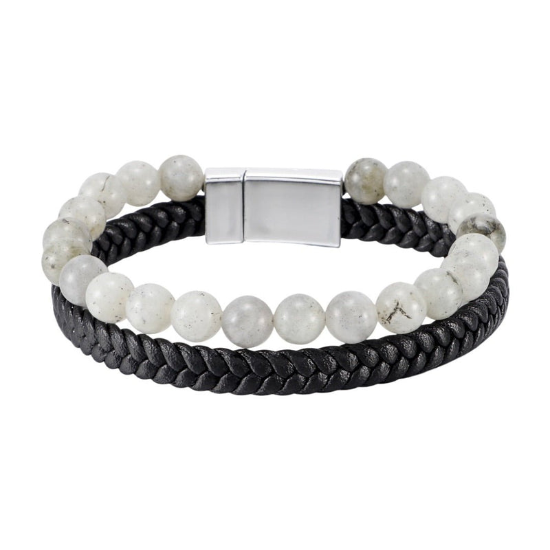 Bracelet homme avec double rang, cuir noir tressé et perles blanches en pierre naturelle, fermoir magnétique acier.