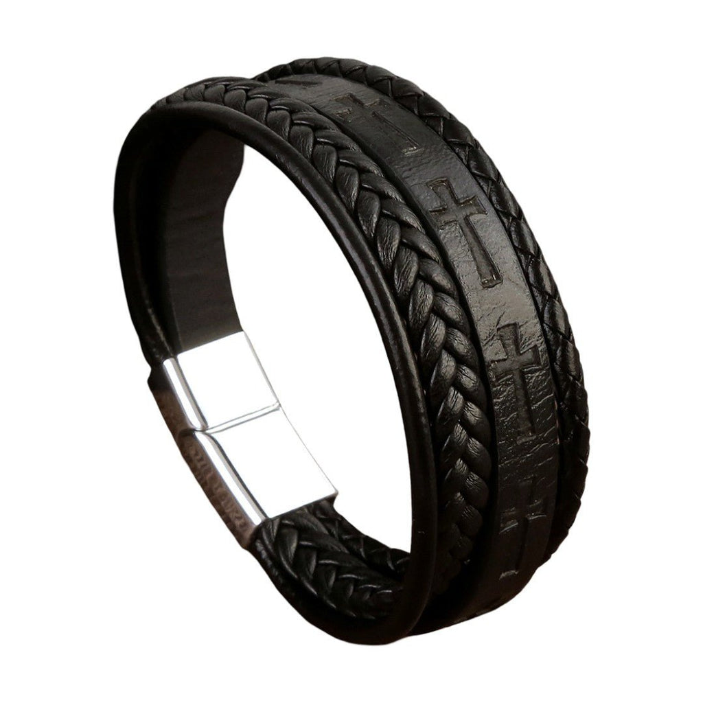 Bracelet cuir tressé multi rangs avec croix, fermoir magnétique acier, style masculin affirmé, modèle Yadère