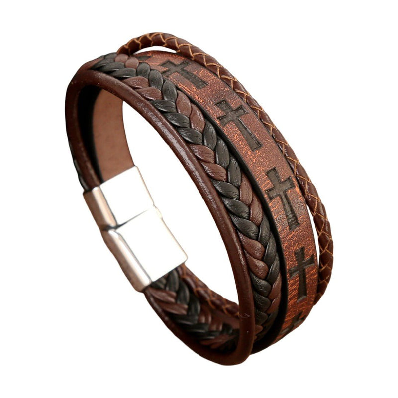 Bracelet cuir tressé multi rangs avec croix, fermoir magnétique acier, style masculin affirmé, modèle Yadère