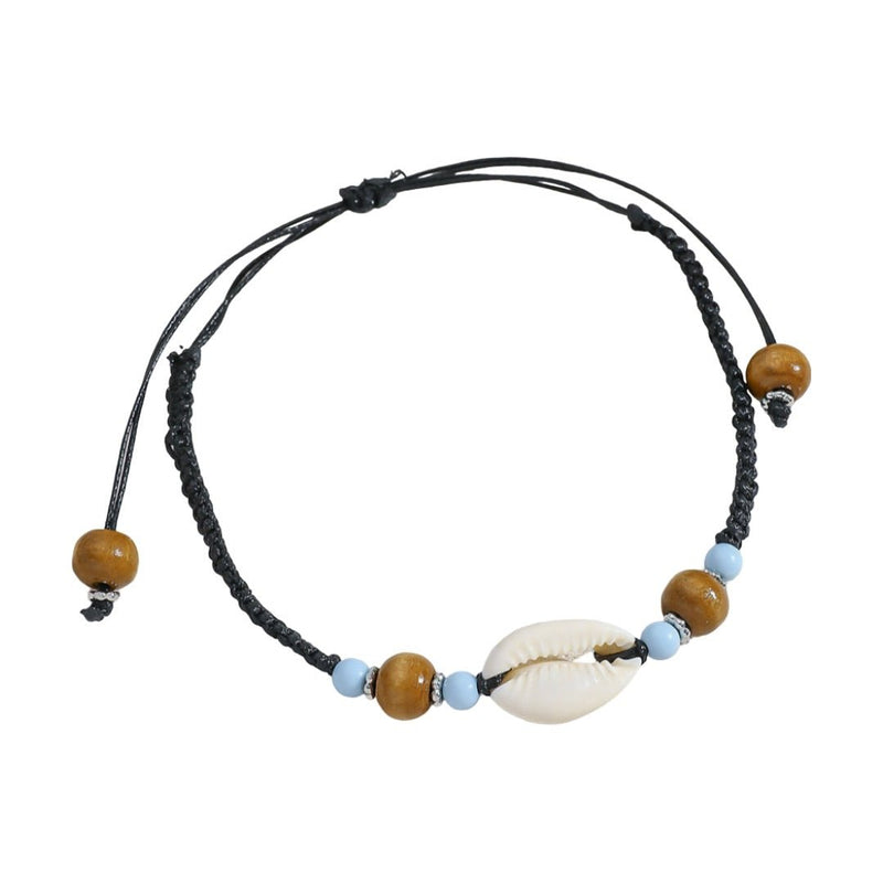 Bracelet de cheville noir en corde avec coquillage blanc et perles marron et bleues.