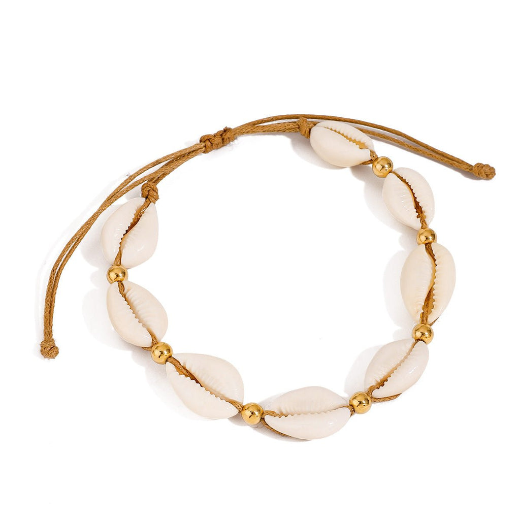 Bracelet De Cheville Bohème Superposé Handcess - Coquillages Dorés Et Cristaux, Chaîne Perles Pour Femme Et Fille, Taille Unique Plage Été