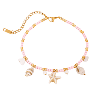 Bracelet de cheville rose avec perles, coquillages et étoile de mer en résine et acier inoxydable.