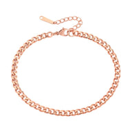 Bracelet de cheville en acier inoxydable or rosé avec maille cubaine et fermoir ajustable.