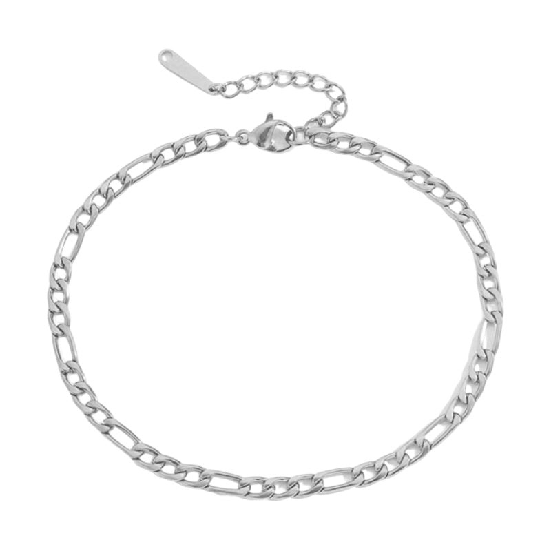 Bracelet de cheville en acier inoxydable argenté, maille figaro fine avec chaîne ajustable.