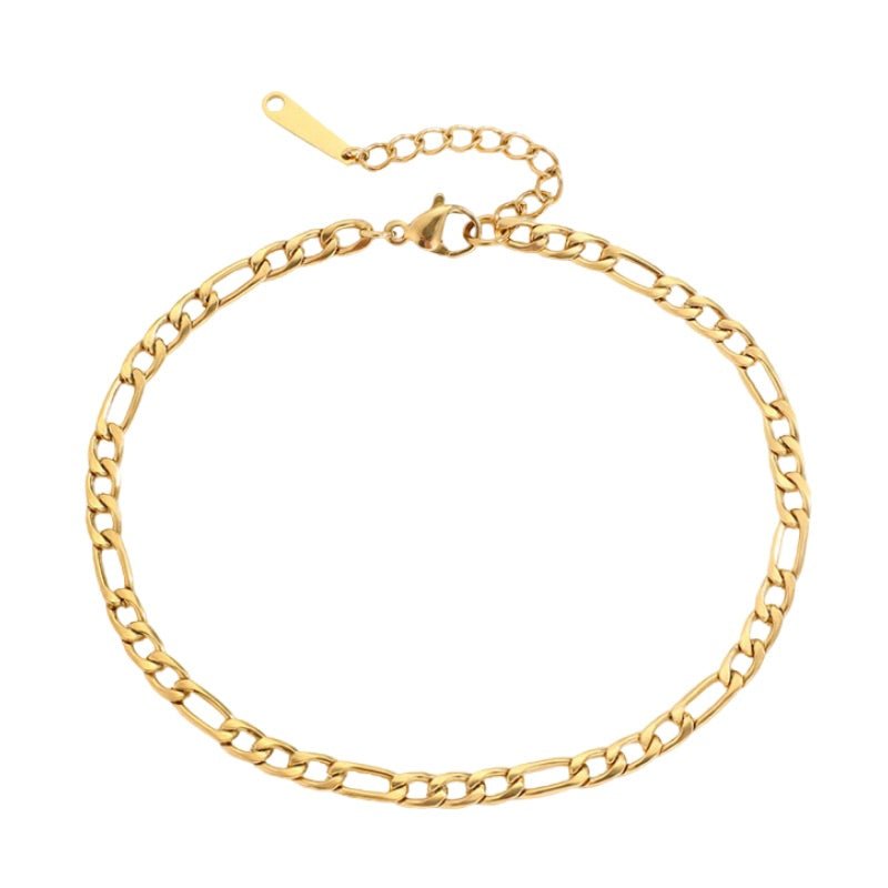 Bracelet de cheville en acier inoxydable doré, maille figaro fine avec fermoir et chaînette d'extension.