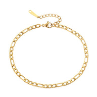 Bracelet de cheville en acier inoxydable doré, maille figaro fine avec fermoir et chaînette d'extension.