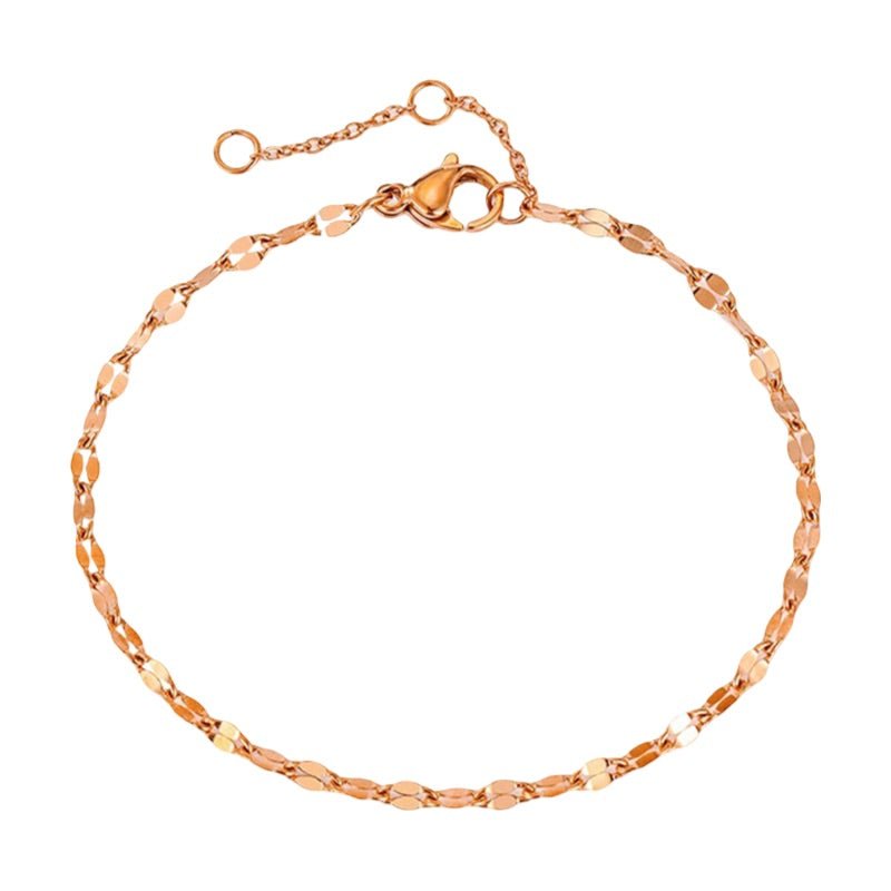 Bracelet de cheville or rosé en acier inoxydable, maille fine grain de café, fermoir mousqueton.