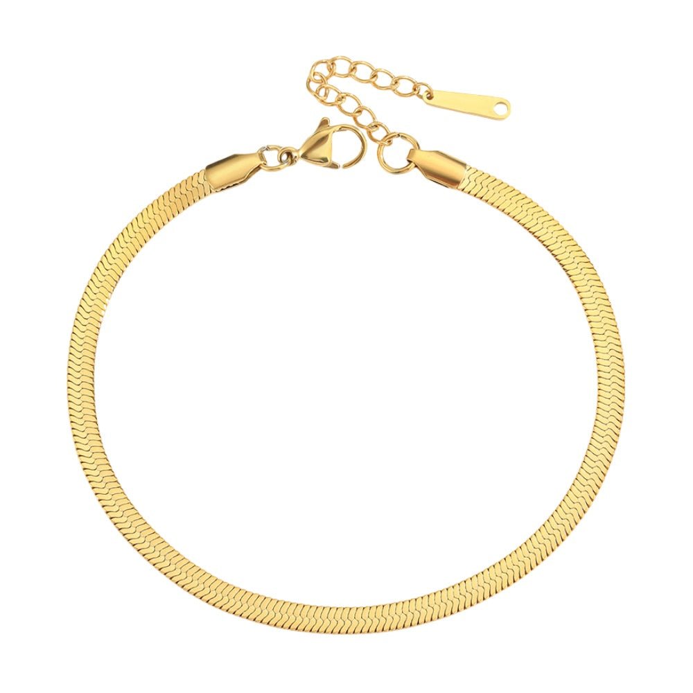 Bracelet de cheville femme en acier inoxydable doré, maille serpent lisse avec fermoir réglable.