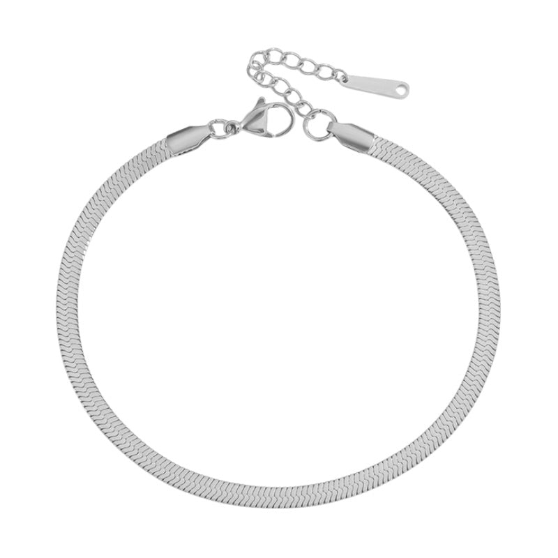 Bracelet de cheville en acier inoxydable argenté, maille serpent lisse, fermoir mousqueton ajustable.