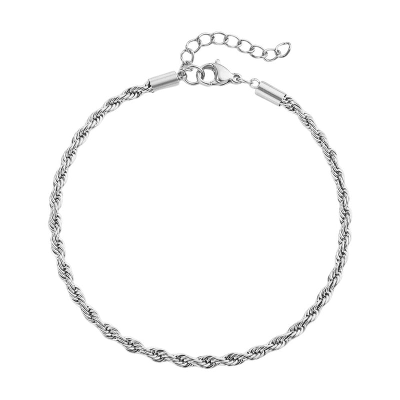 Bracelet de cheville en acier inoxydable argenté, maille torsadée fine avec chaîne réglable.