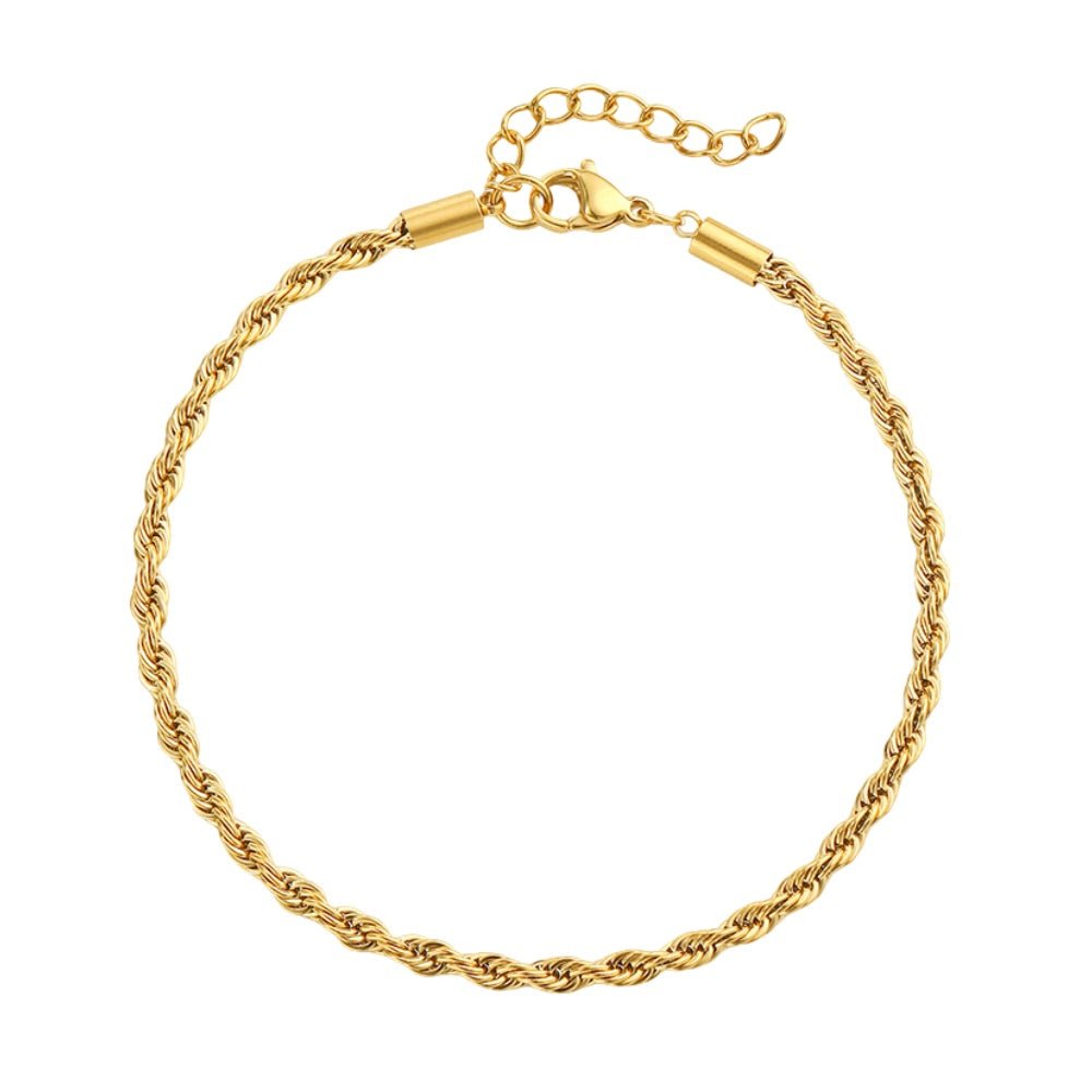 Bracelet de cheville en acier inoxydable doré à maille torsadée fine avec fermoir ajustable.