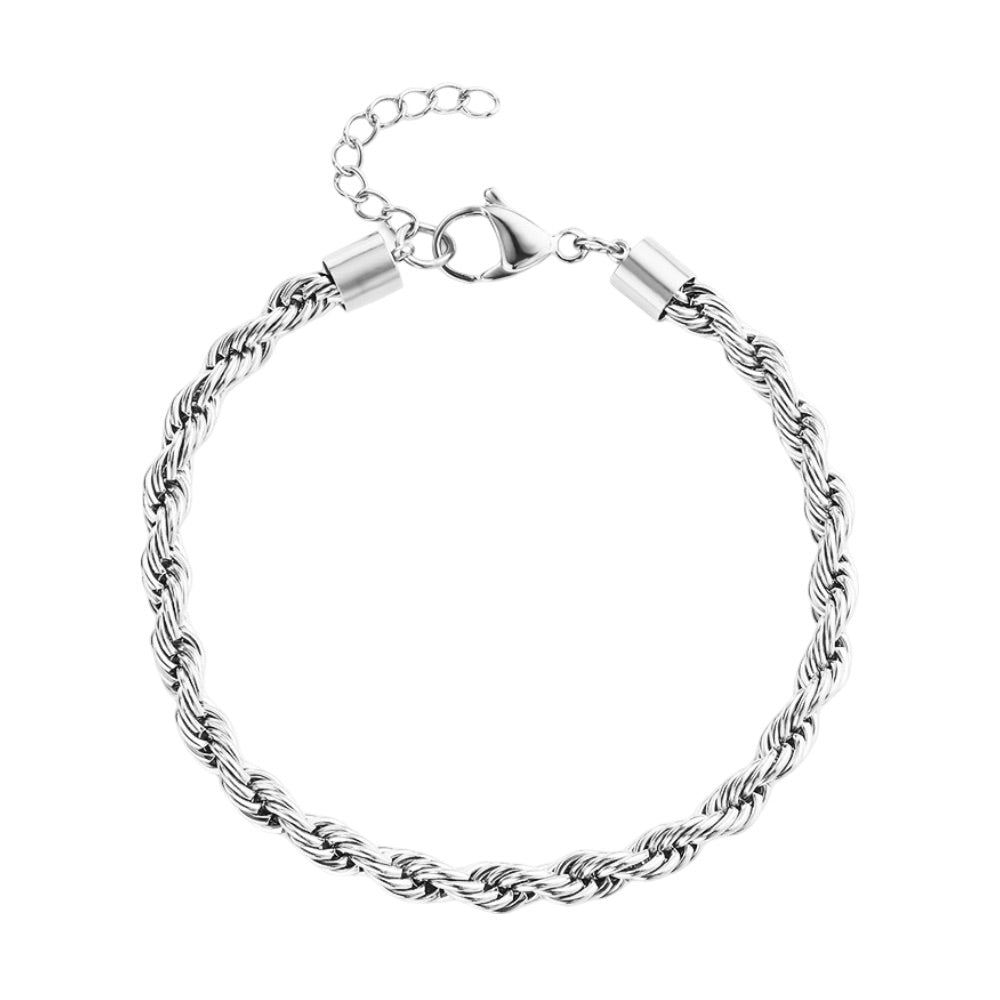 Bracelet de cheville femme en acier inoxydable argenté à maille torsadée fine avec fermoir mousqueton.