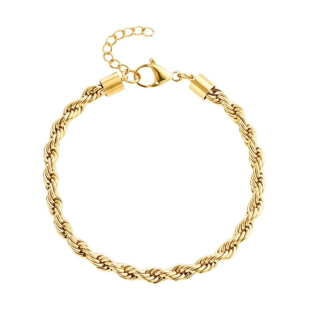 Bracelet de cheville doré en acier inoxydable à maille torsadée avec fermoir mousqueton.