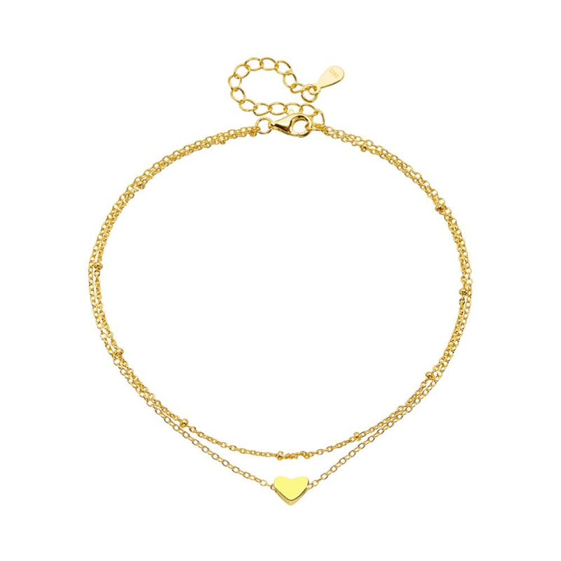 Bracelet de cheville doré en argent sterling avec petit pendentif cœur fin et chaîne fine double rang.
