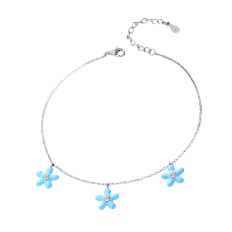 Bracelet de cheville en argent sterling avec trois fleurs bleues émaillées et centre argenté.