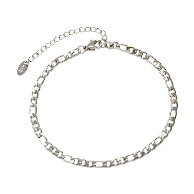 Bracelet de cheville en titane argenté à maille figaro fine avec chaîne de réglage et fermoir lobster.
