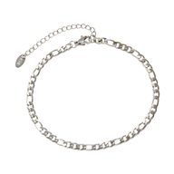 Bracelet de cheville en titane argenté à maille figaro fine avec chaîne de réglage et fermoir lobster.