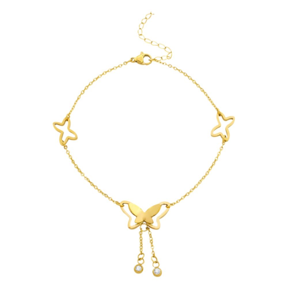 Bracelet de cheville en titane doré avec pendentif papillon et deux petits papillons ajourés côté.