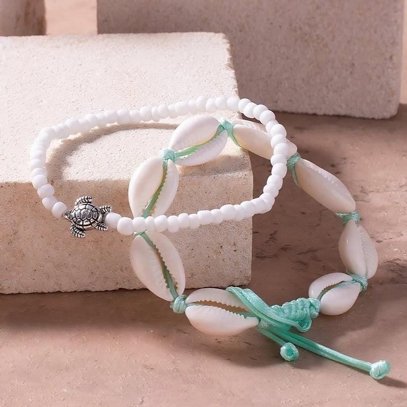 Bracelet de cheville, perles et coquillages, design tortue, pour femme, modèle Tiny - La Boutique du Bracelet