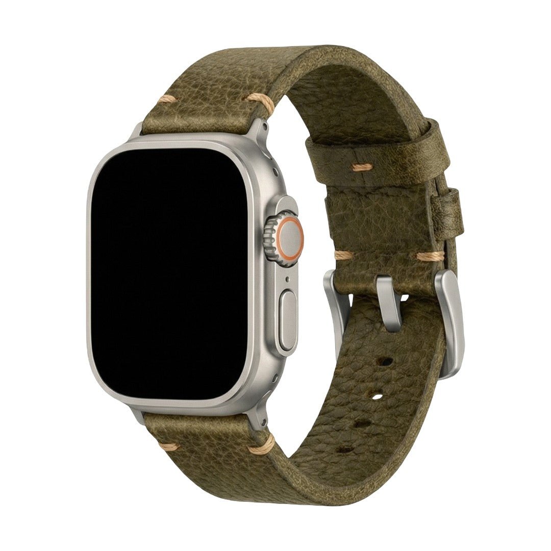 Βραχιόλι Apple Watch από γνήσιο δέρμα με υφή, σε απόχρωση ελιάς, με ατσάλινη αγκράφα, μοντέλο Gustave