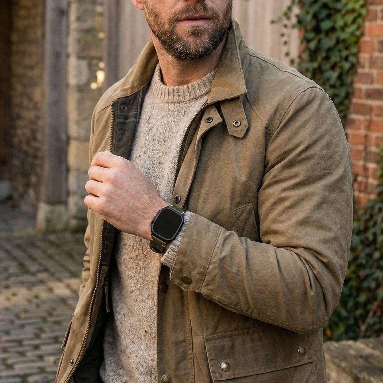 Remme til Apple Watch i præget læder, olivengrøn, solid spænde, langvarig komfort, markant maskulint udtryk, model Gustave