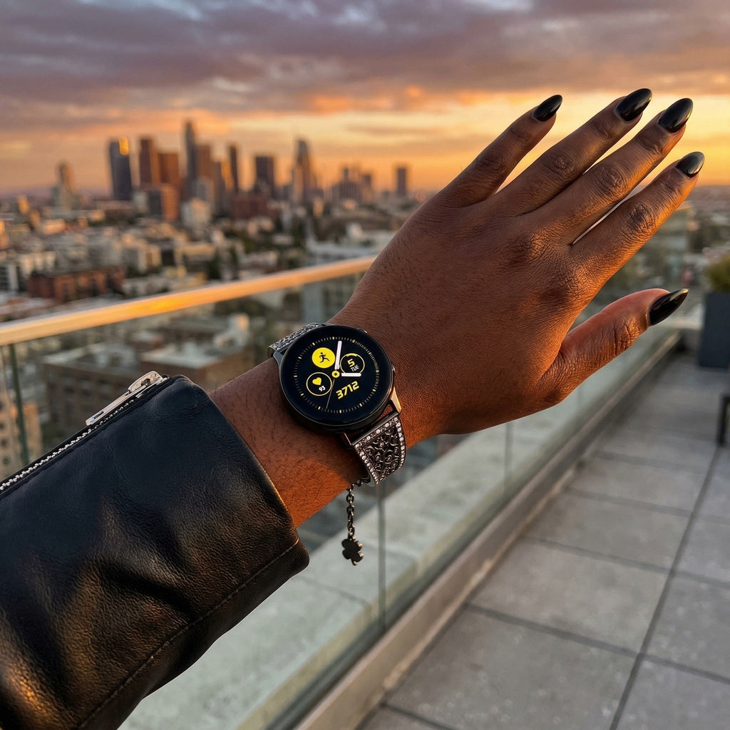 Pulseira para smartwatch 20mm, aço inoxidável brilhante, design floral vazado, fecho de corrente, para mulher, modelo Vinie