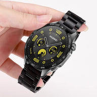 Bracelet de montre connecté noir à maillons en acier inoxydable pour Huawei Watch, cadran rond noir avec détails jaunes.