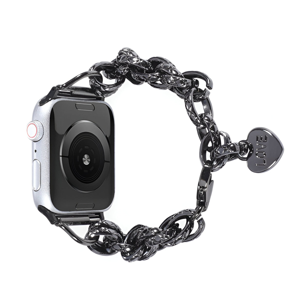 Bracelet chaîne noir brillant avec pendentif cœur pour Apple Watch, modèle Donatia.