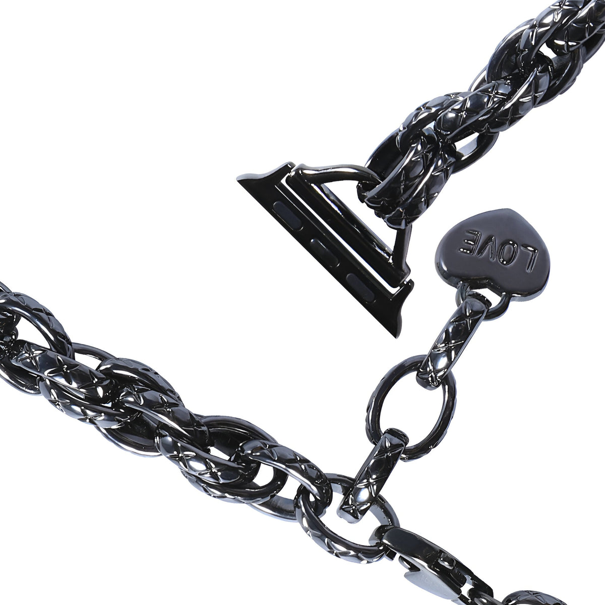 Bracelet chaîne noire tressée pour Apple Watch avec pendentif cœur "Love" en métal noir.