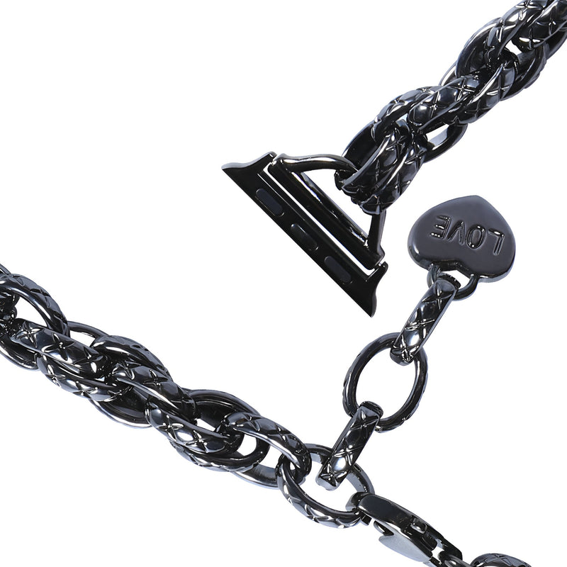 Bracelet chaîne noire tressée pour Apple Watch avec pendentif cœur "Love" en métal noir.