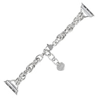 Bracelet chaîne argentée pour Apple Watch avec pendentif cœur et plaque gravée Donatia.