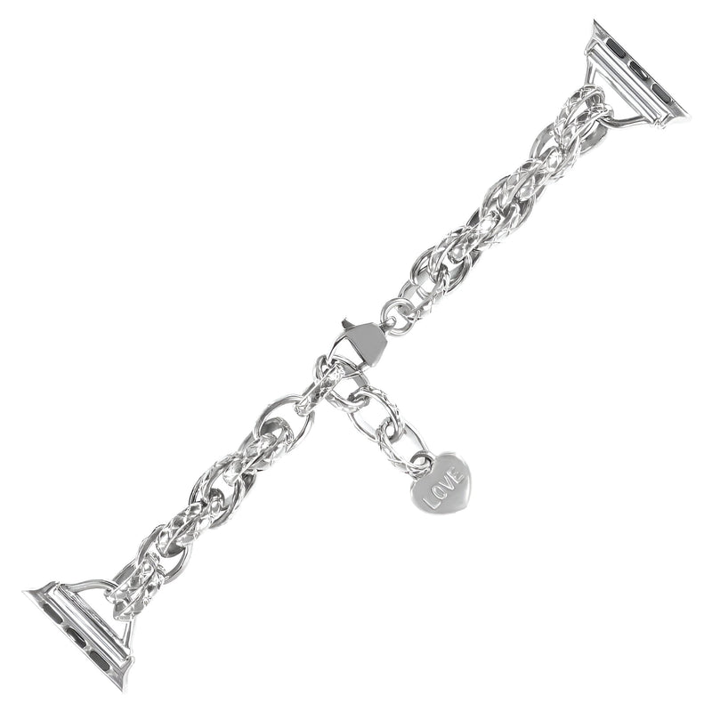 Bracelet chaîne argentée pour Apple Watch avec pendentif cœur et plaque gravée Donatia.