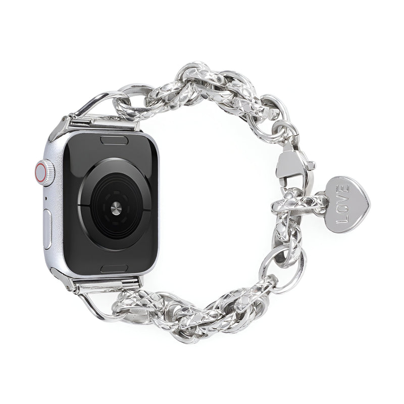Bracelet chaîne argenté avec pendentif cœur pour Apple Watch, taille 38-42 mm.