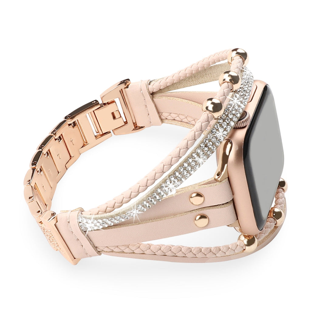Bracelet pour Apple Watch rose avec strass scintillants et lanières en cuir tressé et lisse.