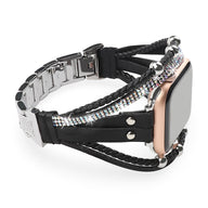 Bracelet Apple Watch femme noir avec strass brillants et fermeture métallique ajustable.