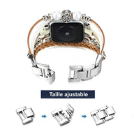 Bracelet Apple Watch femme double tour cuir tressé marron et métal argenté avec arbre de vie argenté.