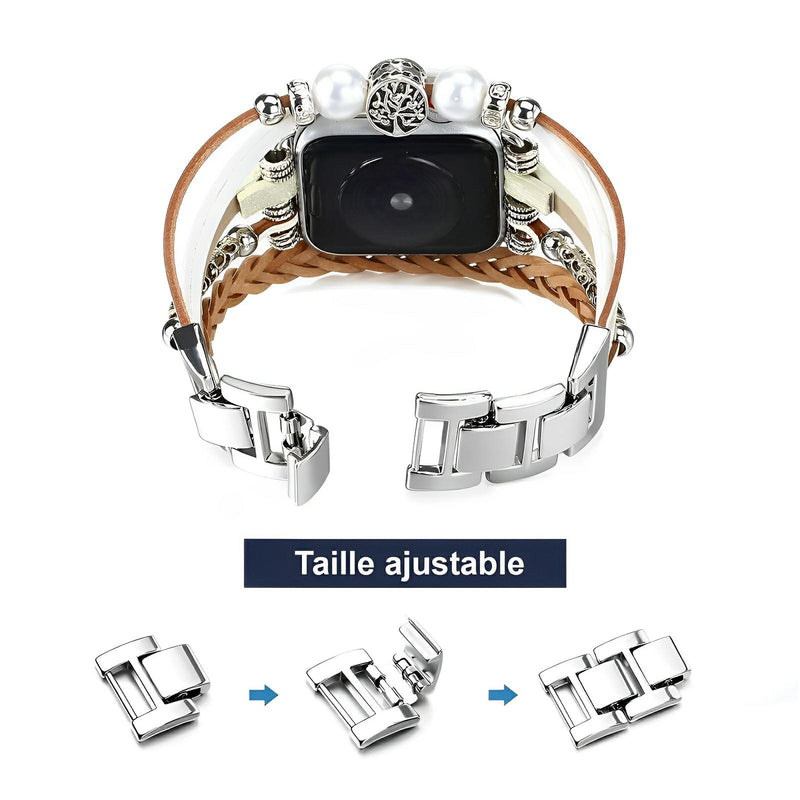 Bracelet Apple Watch femme double tour cuir tressé marron et métal argenté avec arbre de vie argenté.