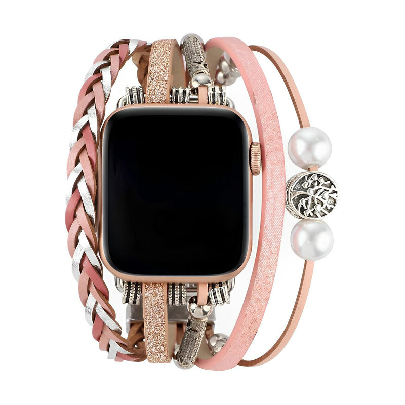 Bracelet Apple Watch rose en cuir tressé et lisse avec pendentif arbre de vie et perles blanches.